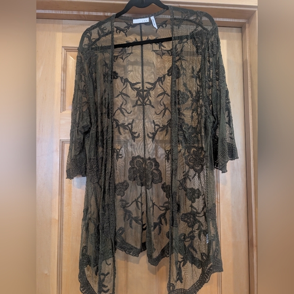 LUQ Sweaters - LUQ Olive Sheer Lace Kimono